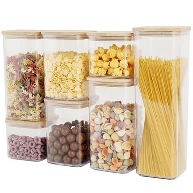 Cutii de depozitare alimentare set din 7, Flippy, plastic transparent cu capac din bambus