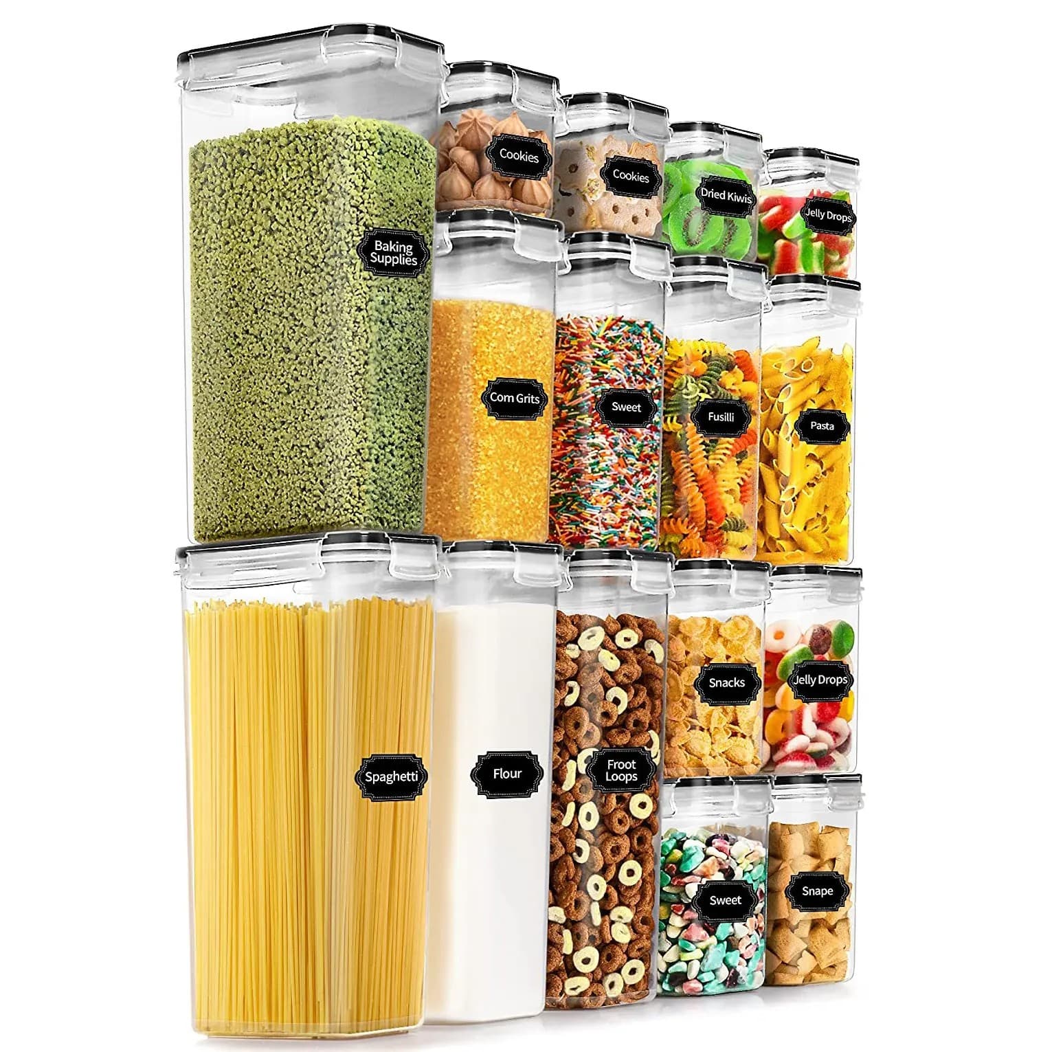Set de cutii de depozitare alimente Flippy, 16 bucati, pentru condimente si cereale, plastic PP transparent — imagine 1