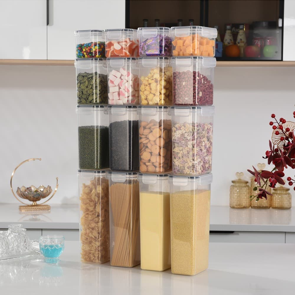 Set de cutii de depozitare alimente Flippy, 16 bucati, pentru condimente si cereale, plastic PP transparent — imagine 3