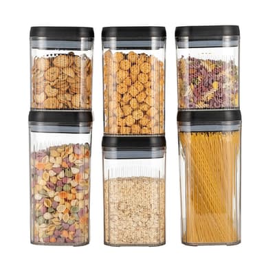 Set cutii depozitare alimente Flippy, 6 piese, transparente cu capac negru