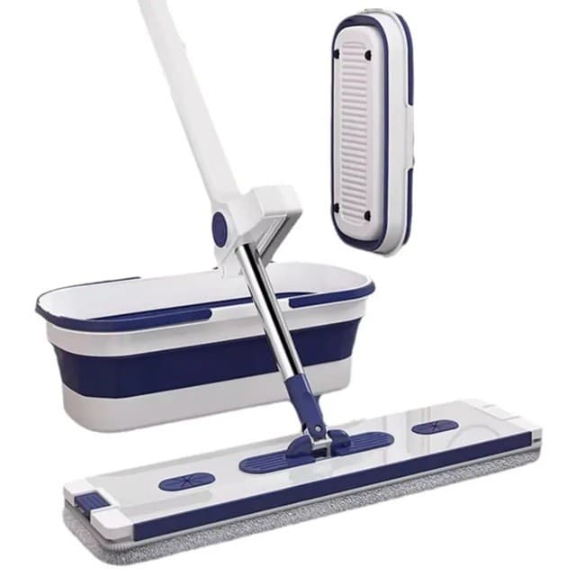 Mop Plat Flippy cu Galeata Pliabila 2 Rezerve Microfibra Tija Telescopica 127 cm Albastru — imagine 1