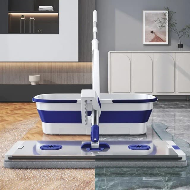Mop Plat Flippy cu Galeata Pliabila 2 Rezerve Microfibra Tija Telescopica 127 cm Albastru — imagine 2