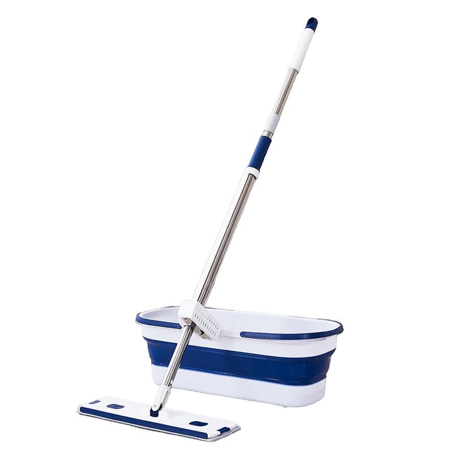 Mop Plat Flippy cu Galeata Pliabila 2 Rezerve Microfibra Tija Telescopica 127 cm Albastru — imagine 3