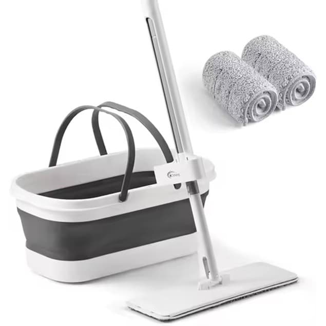 Mop Plat Flippy cu Galeata Pliabila, Tija Telescopica 127 cm, Microfibra, Gri — imagine 1