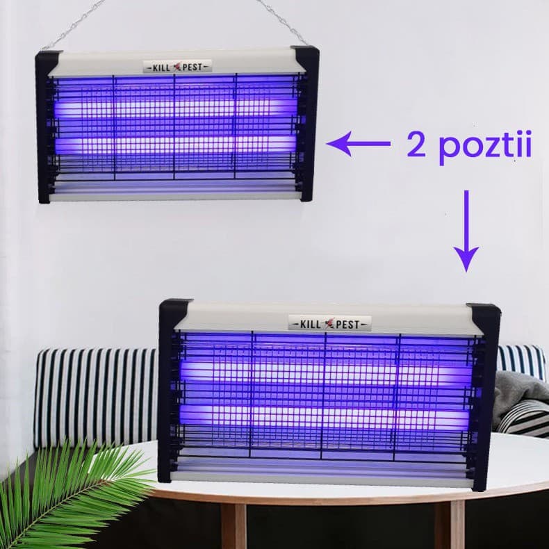 Lampa Electrica Anti Insecte Flippy Lumina Neon 2 tuburi cu putere de 40W Suspensie Perete Carcasa din Plastic Metalica — imagine 2
