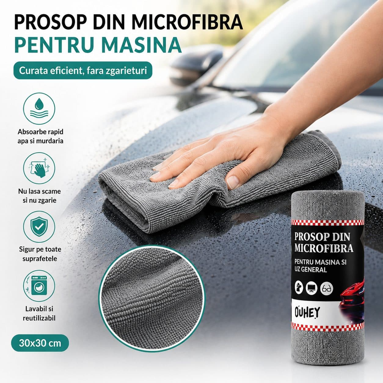 Set Lavete Microfibra Flippy pentru Curatare Auto si Suprafete, 30 bucati, Gri — imagine 4