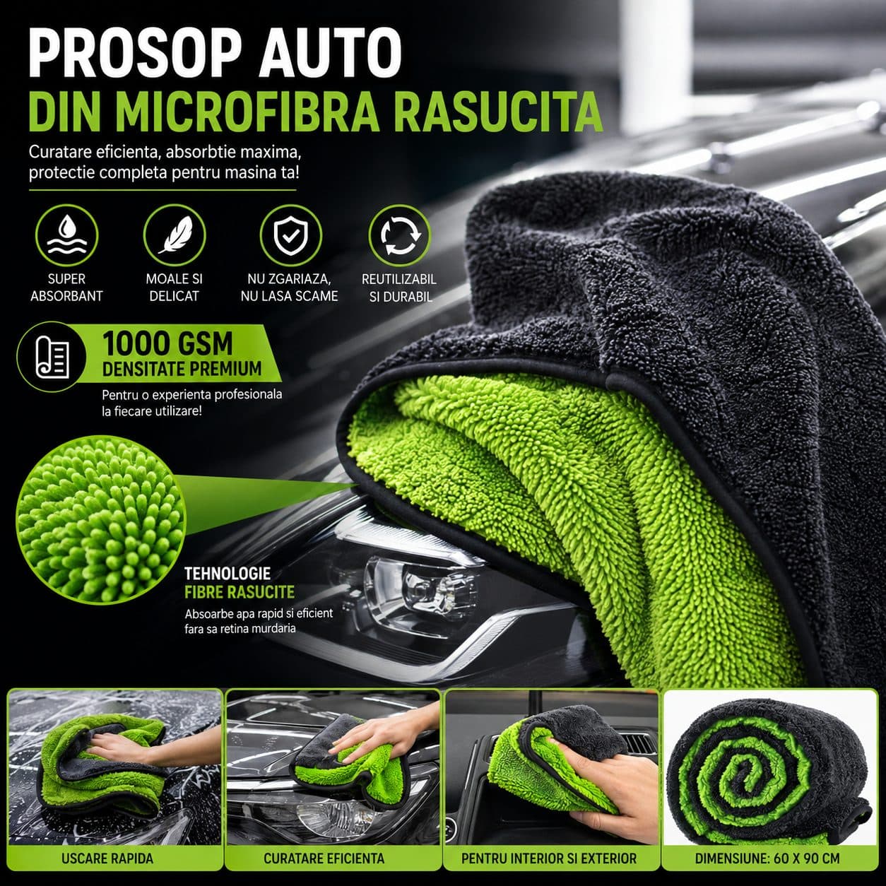 Prosop Microfibra Auto Flippy 1400 GSM Doua Fete Verde — imagine 3