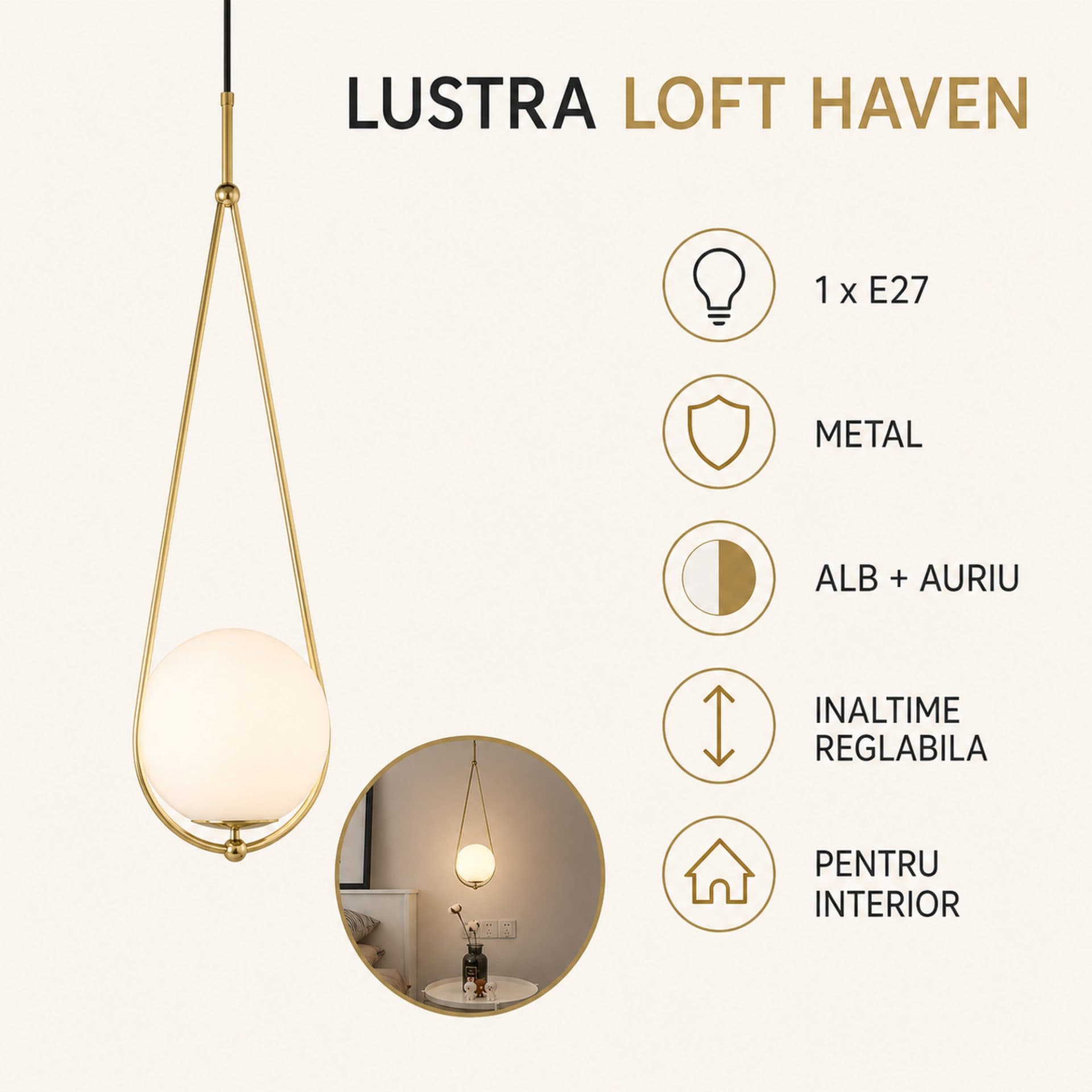 Lustra Flippy LOFT Haven, 1x E27, Alb Auriu, Metal, Inaltime Reglabila — imagine 8