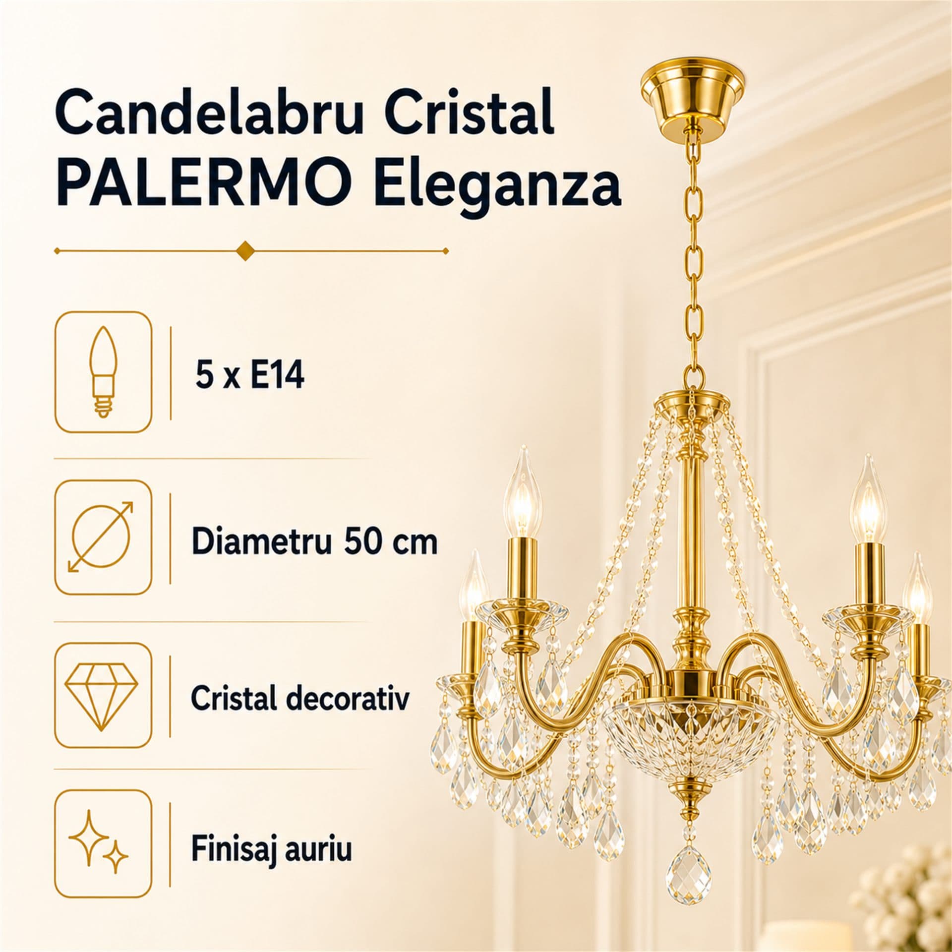 Candelabru Flippy Cristal PALERMO Eleganza 5xE14, Diametru 50cm, Auriu — imagine 1