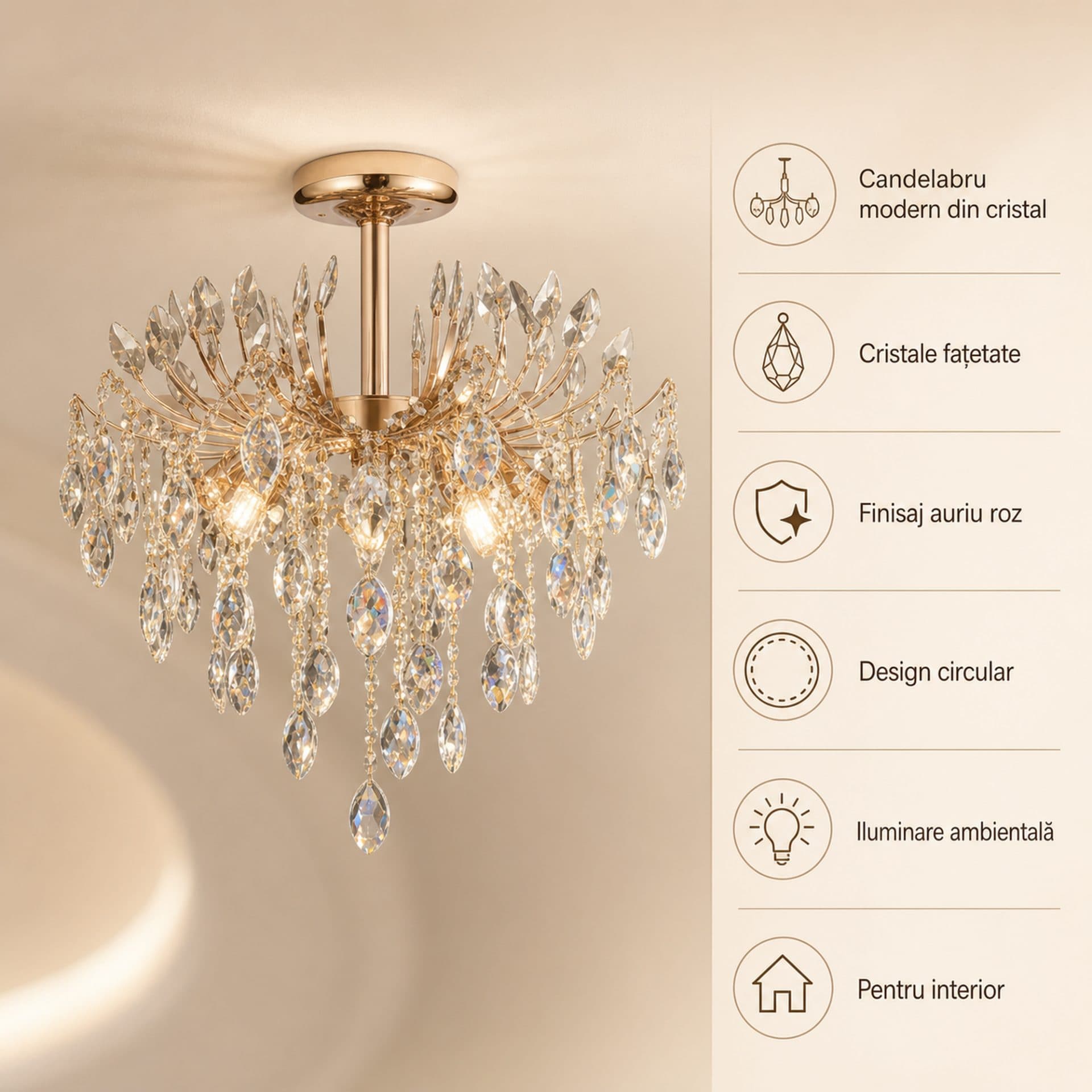 Candelabru Flippy Cristal PALERMO Eleganza 5xE14, Diametru 50cm, Auriu — imagine 12