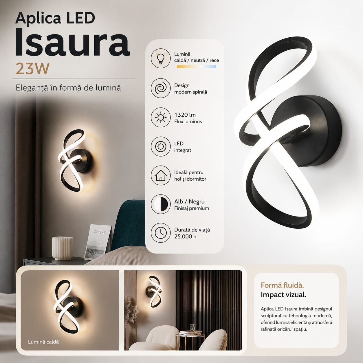 Aplica LED Flippy 23W Alb Negru — imagine 3