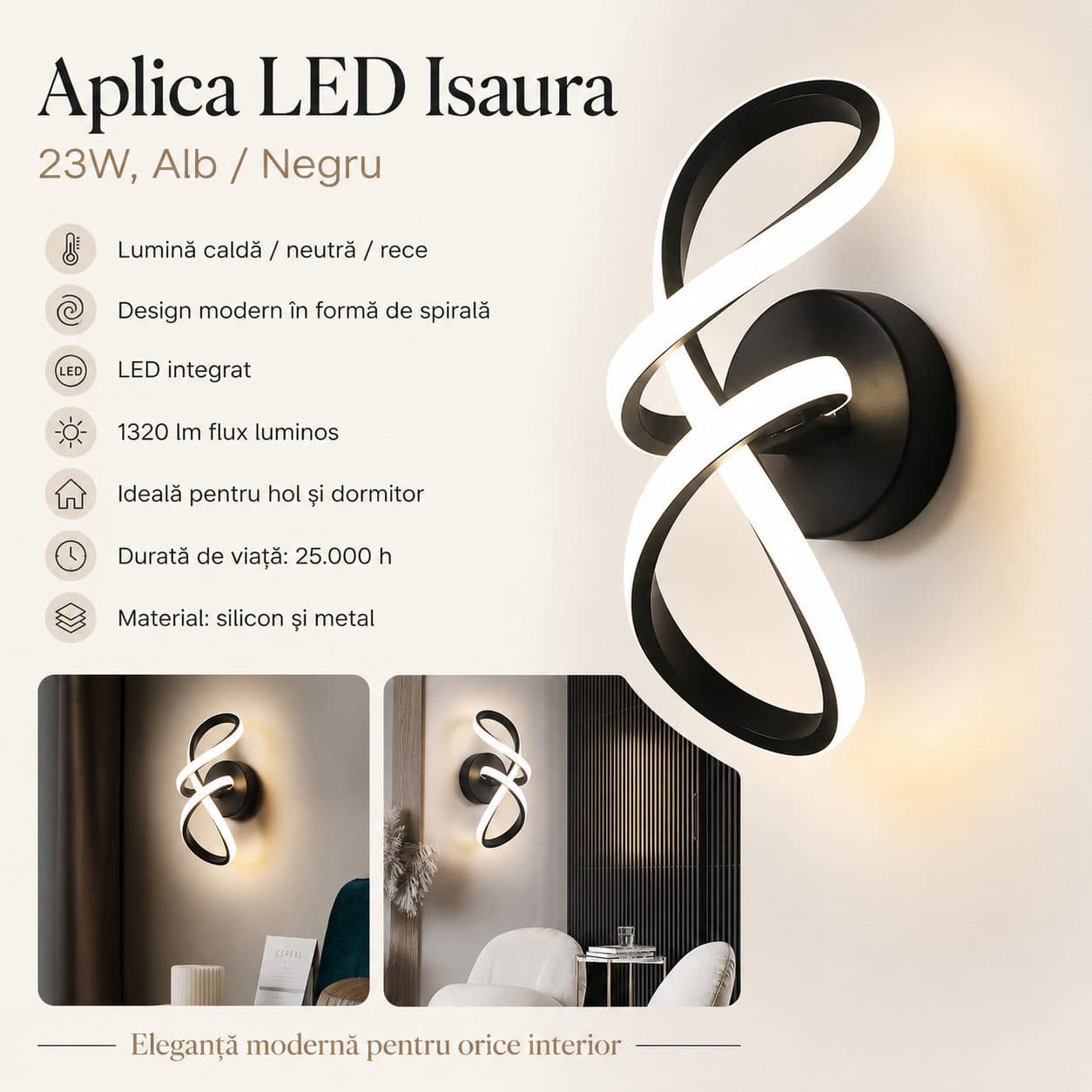 Aplica LED Flippy 23W Alb Negru — imagine 4