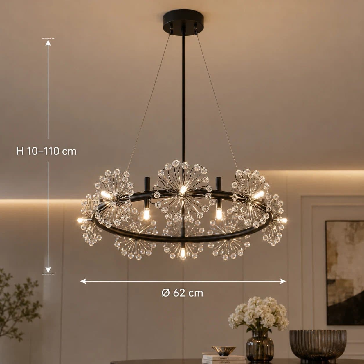 Candelabru Flippy Cristal PETERHOF Magno, Diametru 62cm, 20X G4, Negru, Inaltime Reglabila — imagine 7