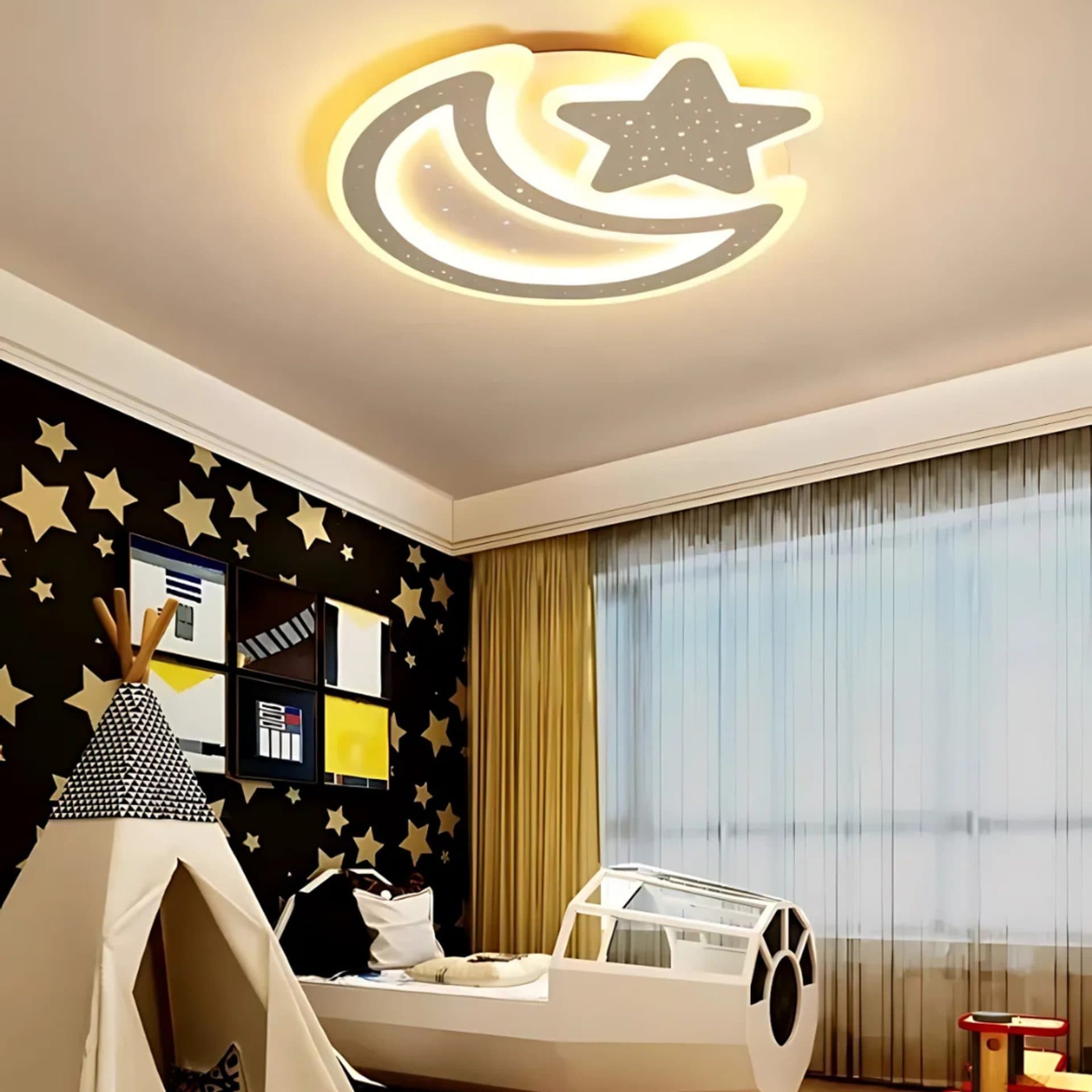 Lustra LED Flippy Nova, forma Luna si Stea, 89W, Dimabil, Alb — imagine 1