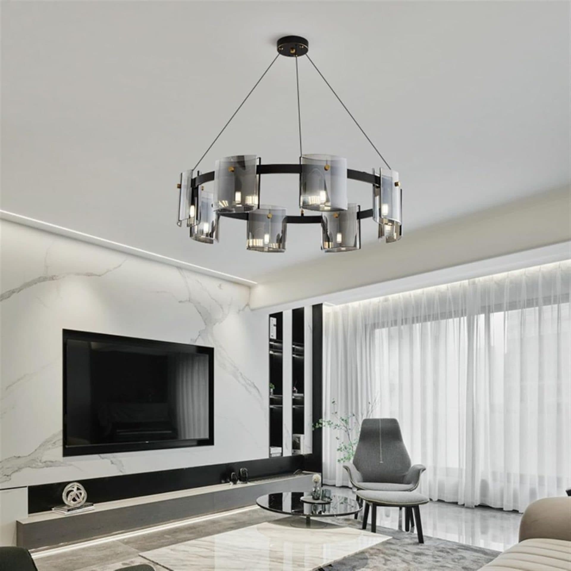 Candelabru Flippy Modern Valmontreux Largo 8xG9 Diametru 80cm Negru si Cristale Cenusii Inaltime Reglabila Metal si Cristal — imagine 1