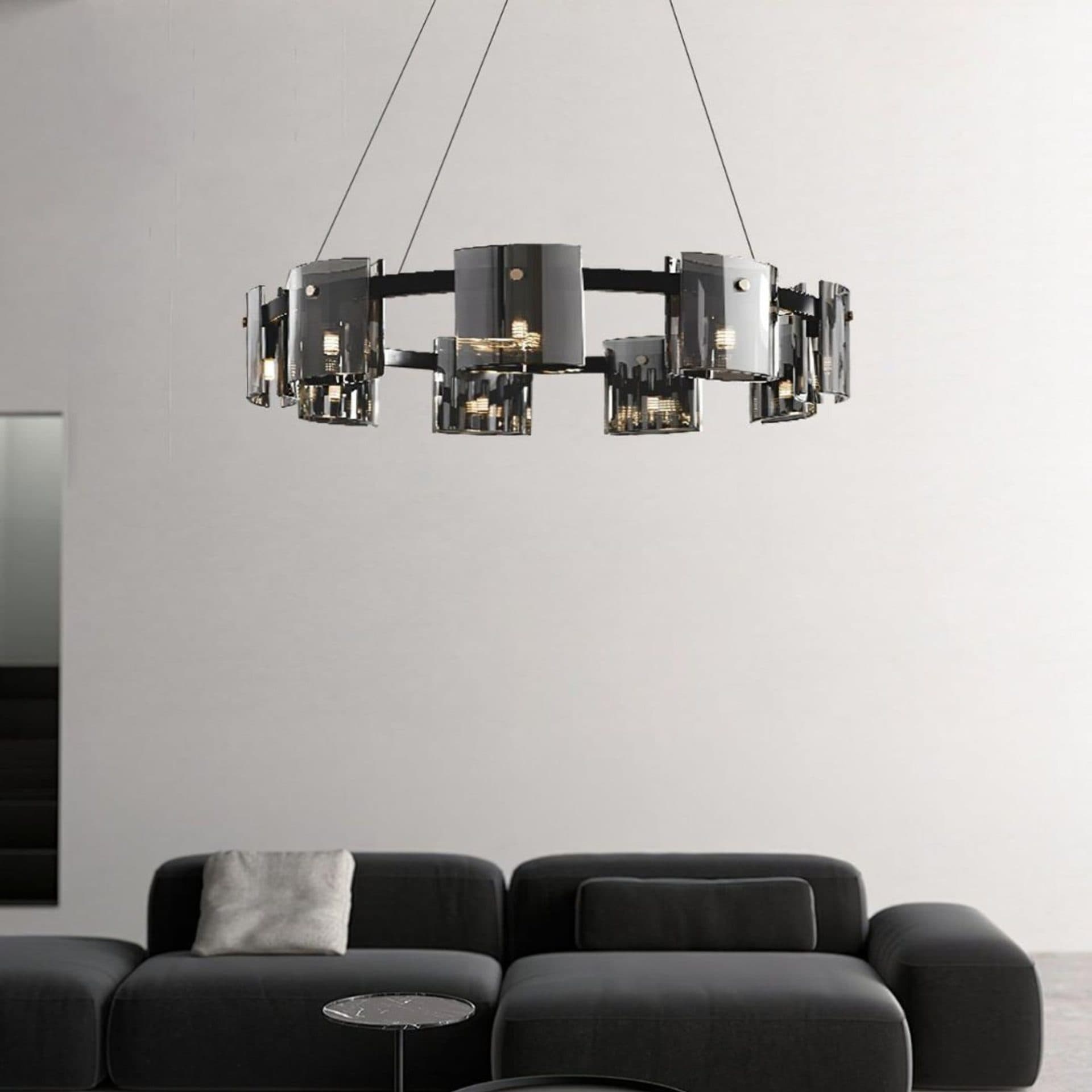 Candelabru Flippy Modern Valmontreux Largo 8xG9 Diametru 80cm Negru si Cristale Cenusii Inaltime Reglabila Metal si Cristal — imagine 4