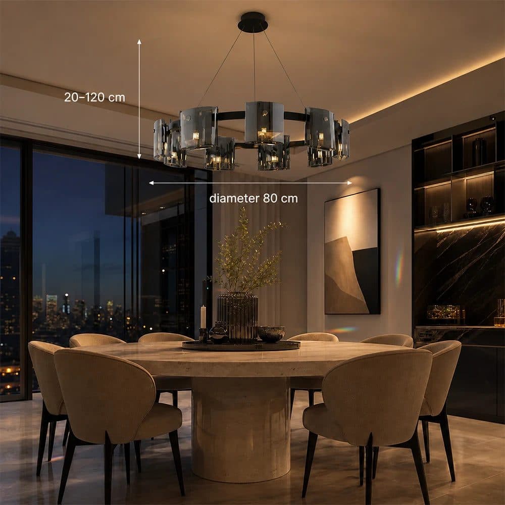 Candelabru Flippy Modern Valmontreux Largo 8xG9 Diametru 80cm Negru si Cristale Cenusii Inaltime Reglabila Metal si Cristal — imagine 11