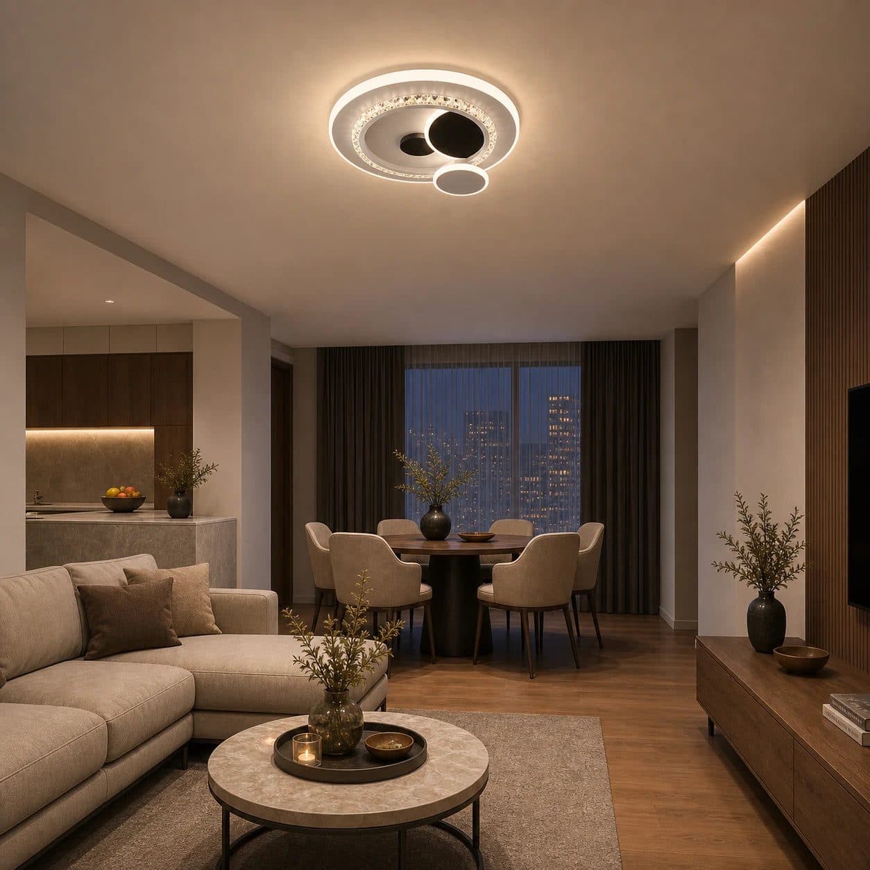 Lustra LED Flippy cu cristal, 37W, 4 Cercuri, lumina Rece/Calda/Neutra, Negru — imagine 12