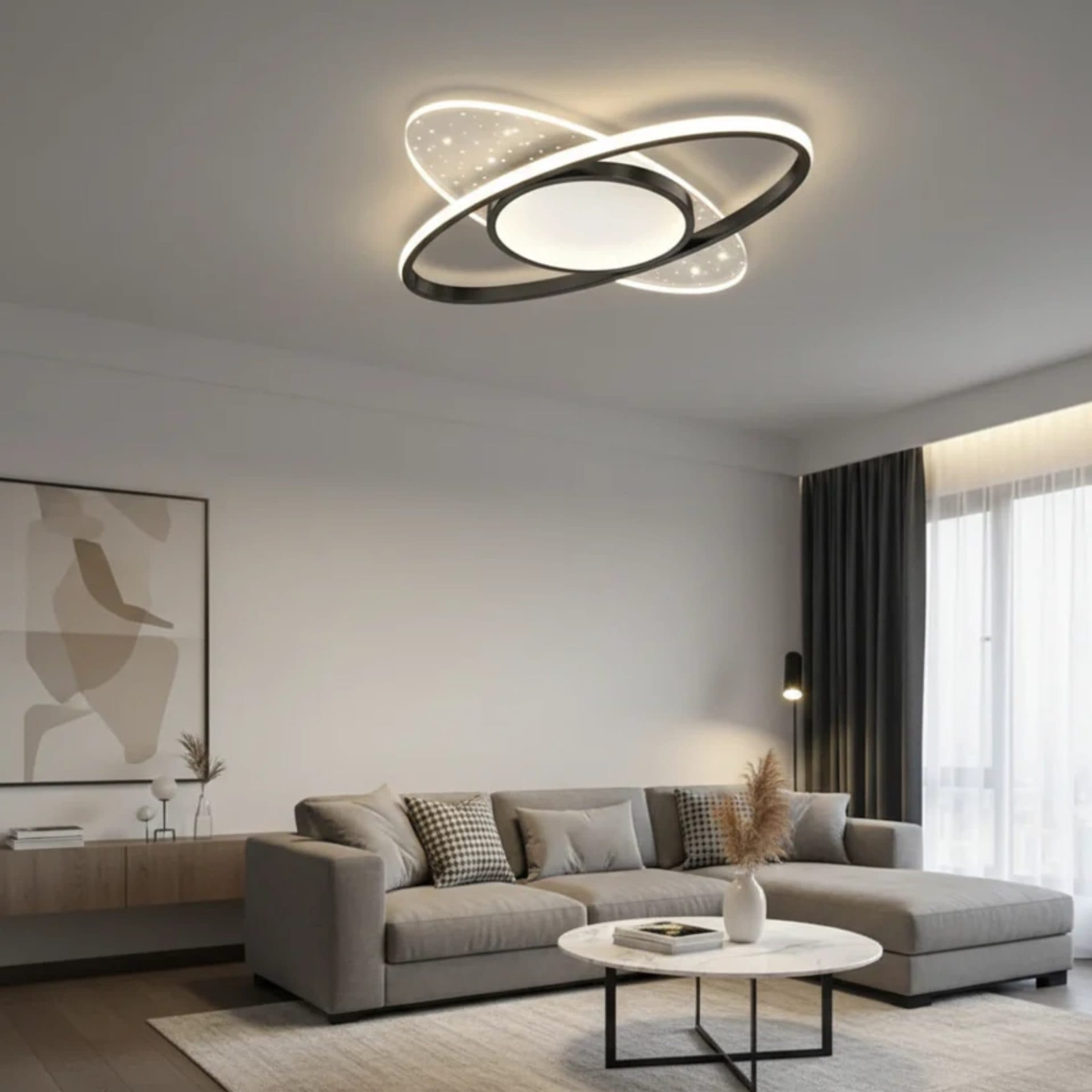 Lustra LED Flippy 69W Oval cu telecomanda, lumina Rece/Calda/Neutra, Dimabila, Negru — imagine 1