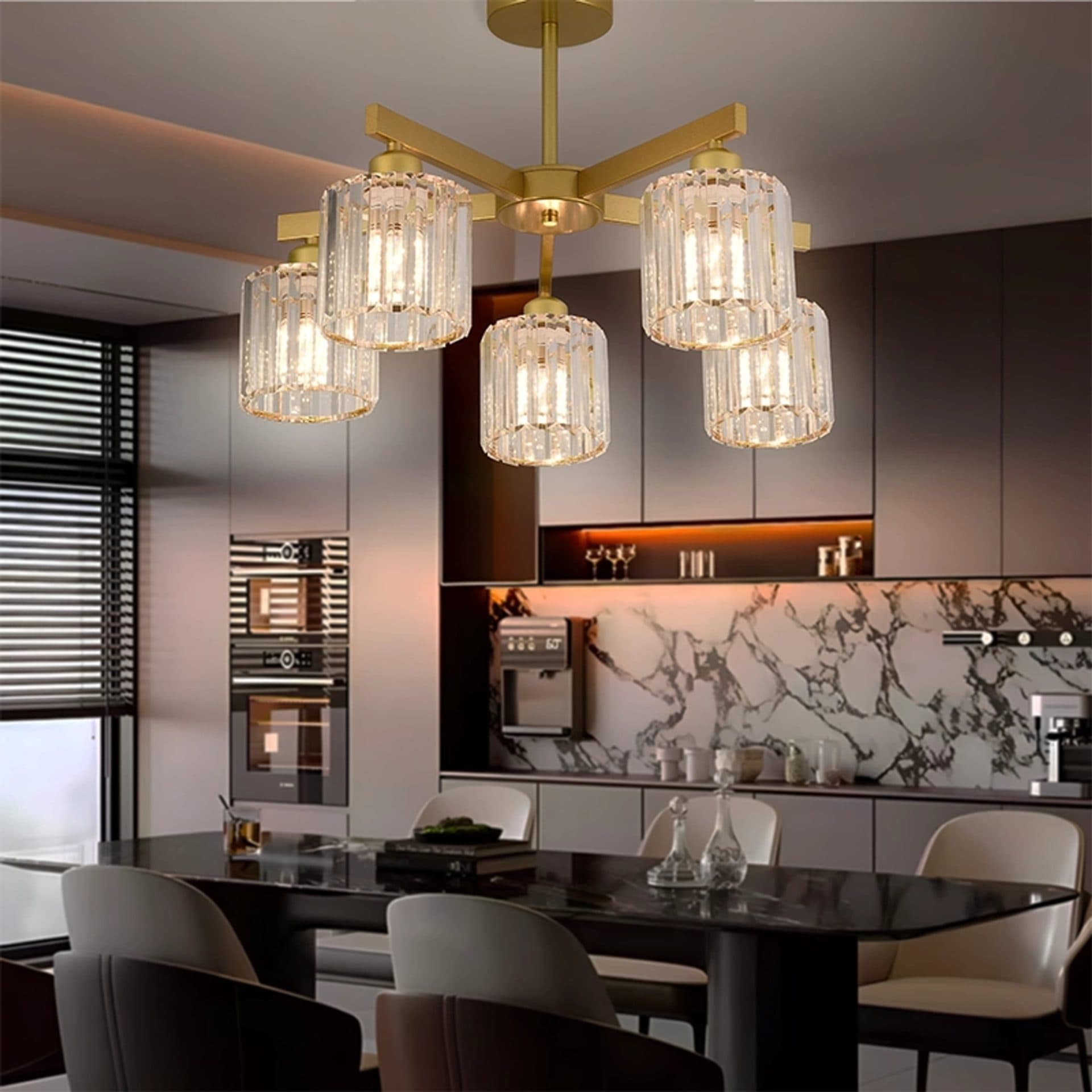 Lustra Flippy Clasica Moderna LC110/5GD cu Cristal, 5x E27, Auriu, Metal si Cristal — imagine 1
