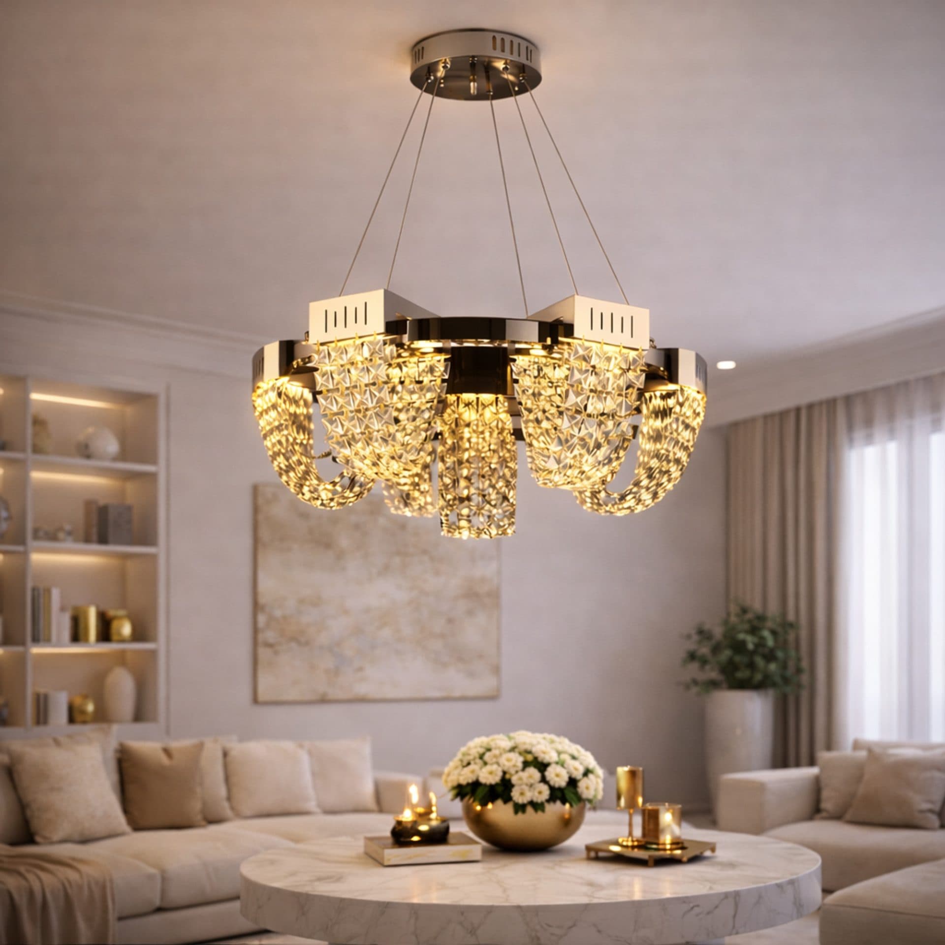 Candelabru Cristal LED Flippy STRATUS Regalis Diametru 80cm Crom Lucios Inaltime Reglabila Lumina Calda Neutra Rece 3000K/4000K/6000K Metal si Cristal — imagine 5