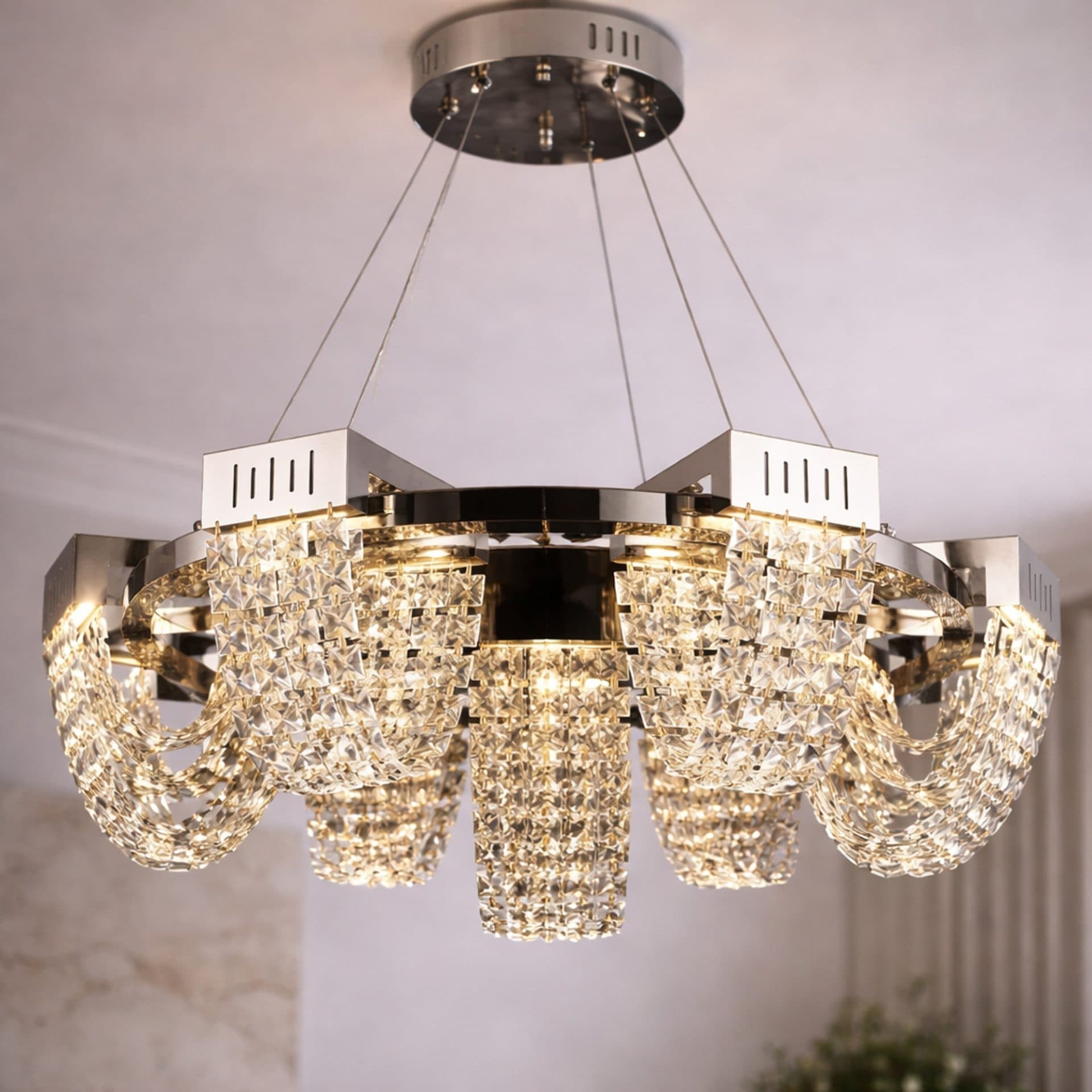 Candelabru Cristal LED Flippy STRATUS Regalis Diametru 80cm Crom Lucios Inaltime Reglabila Lumina Calda Neutra Rece 3000K/4000K/6000K Metal si Cristal — imagine 7