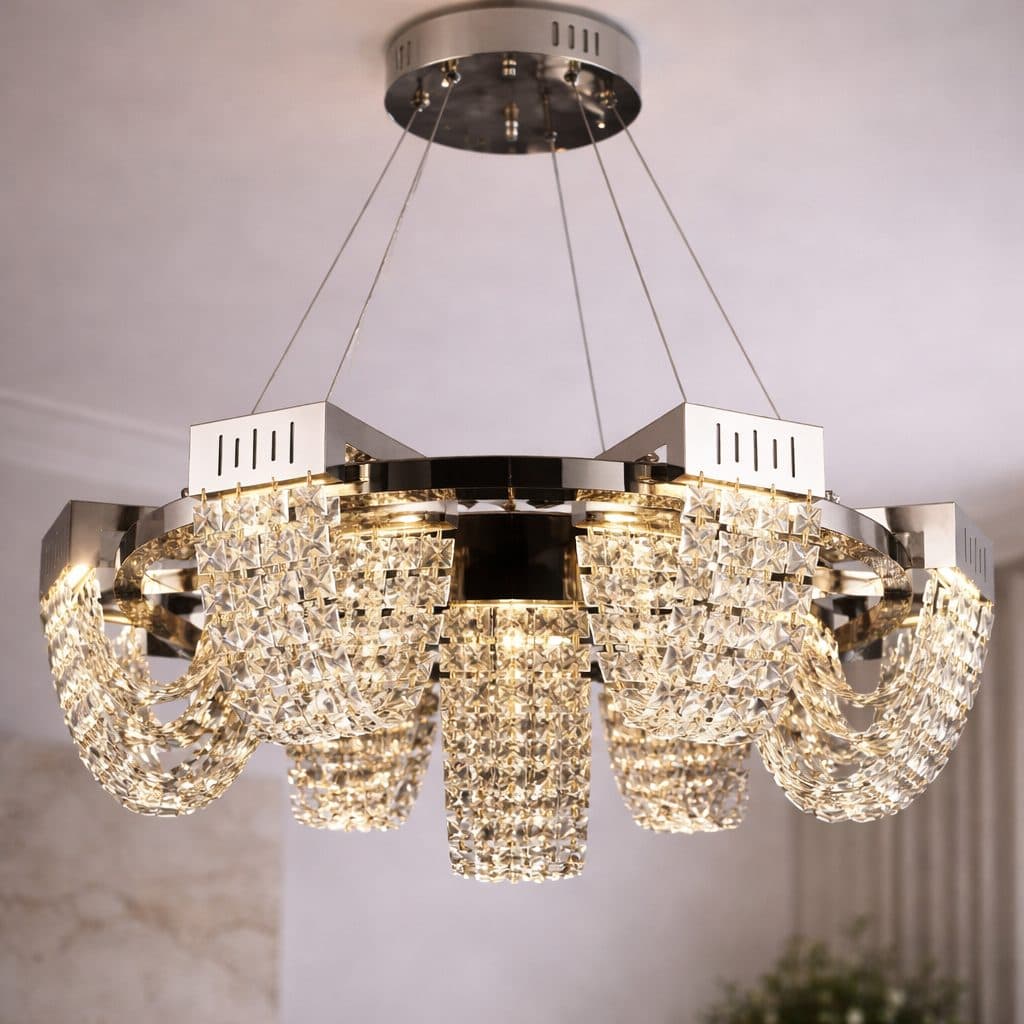 Candelabru Cristal LED Flippy STRATUS Regalis Diametru 80cm Crom Lucios Inaltime Reglabila Lumina Calda Neutra Rece 3000K/4000K/6000K Metal si Cristal — imagine 10