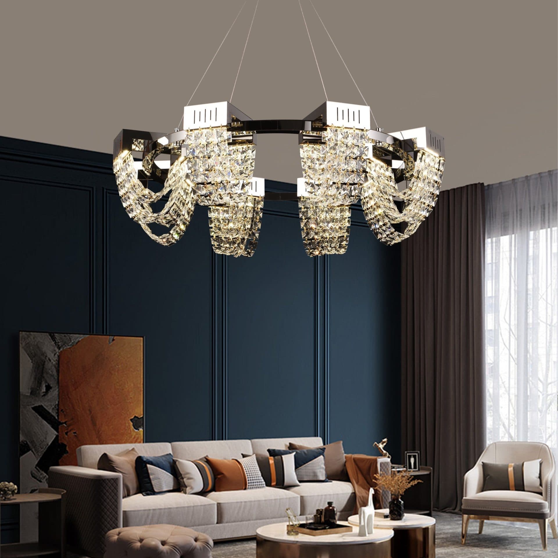 Candelabru Cristal LED Flippy STRATUS Regalis Diametru 80cm Crom Lucios Inaltime Reglabila Lumina Calda Neutra Rece 3000K/4000K/6000K Metal si Cristal — imagine 12