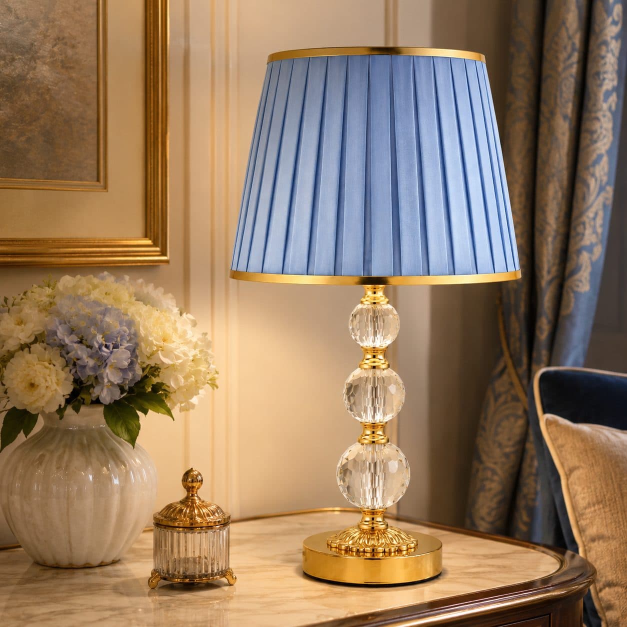 Lampa Decorativa Flippy VZ213BL Abajur Textil Albastru Baza Cristal Aurie — imagine 3