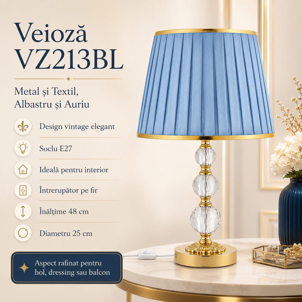 Lampa Decorativa Flippy VZ213BL Abajur Textil Albastru Baza Cristal Aurie — imagine 4