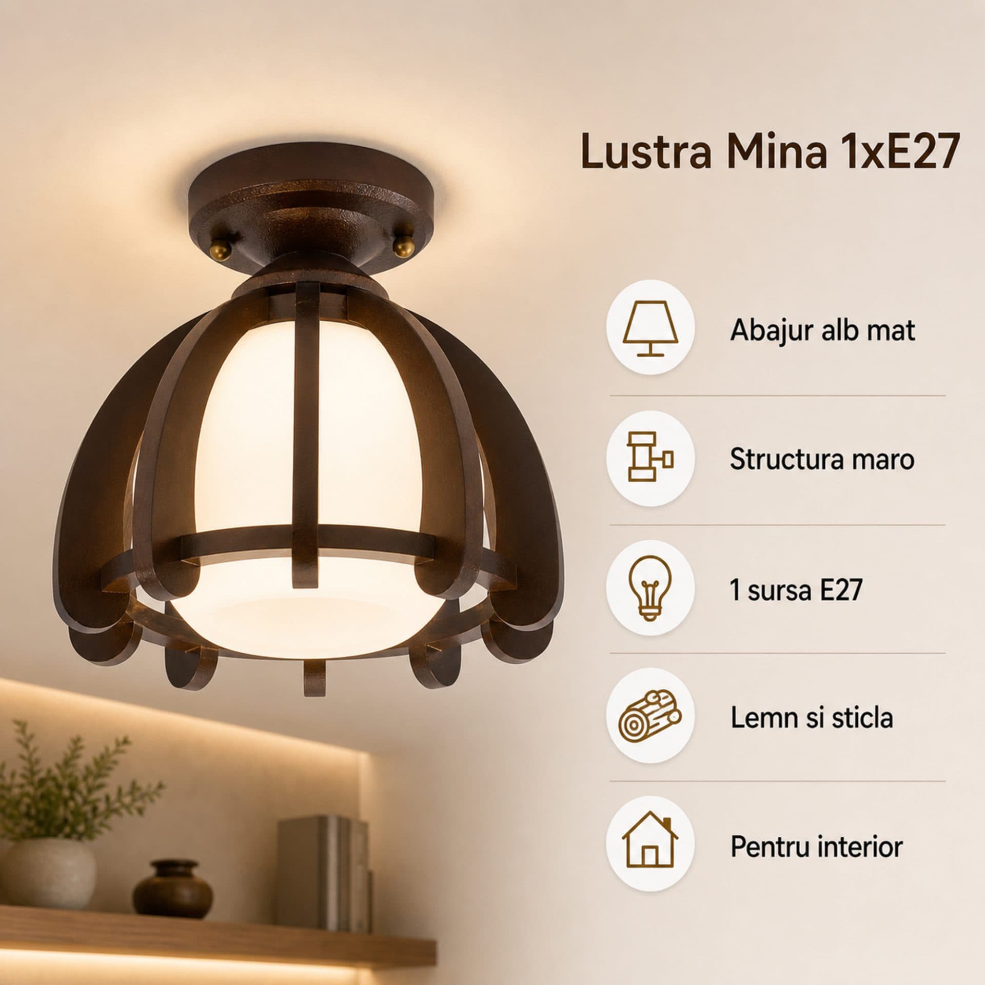 Lustra Mina 1xE27 Maro cu Alb Lemn si Sticla — imagine 3