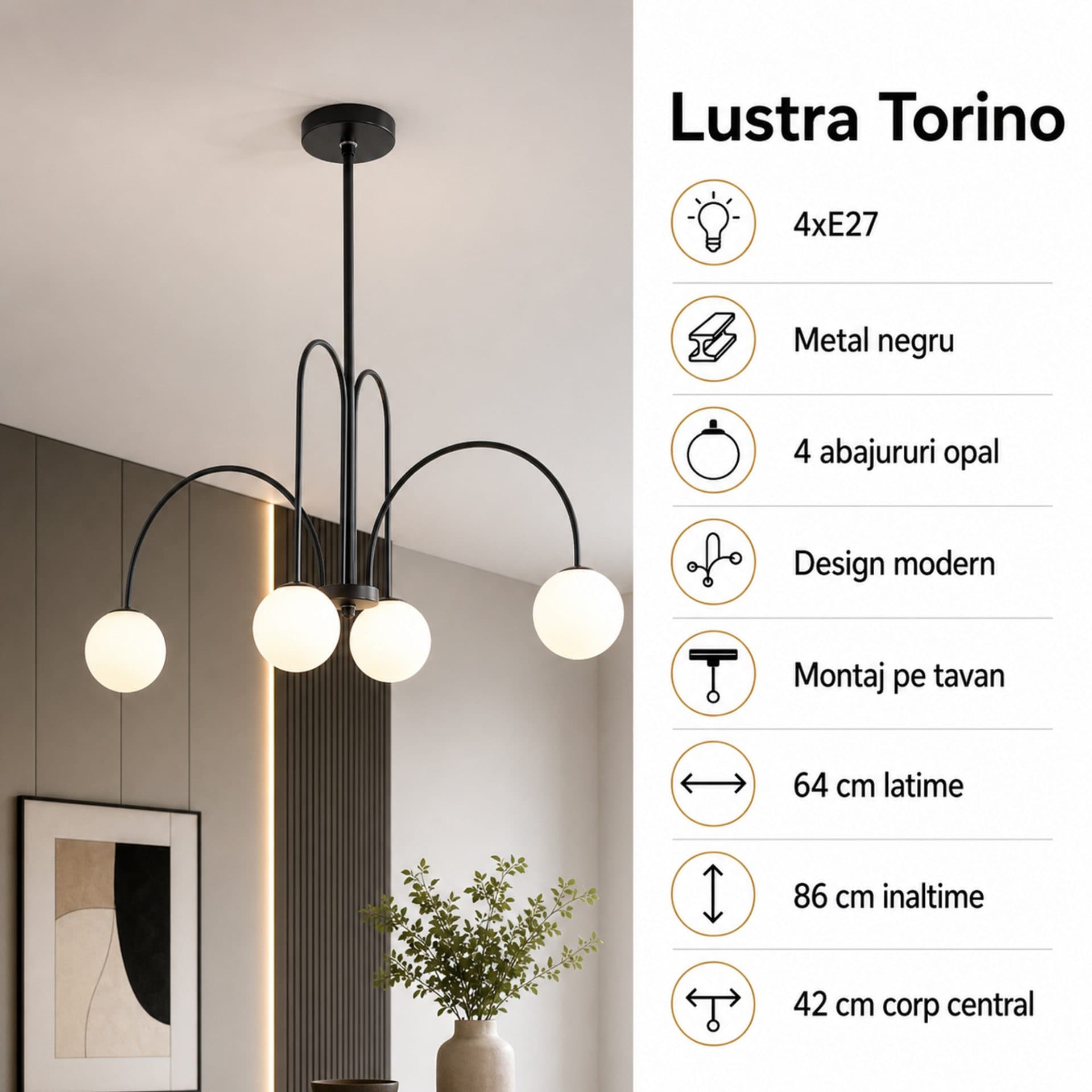 Lustra Flippy Torino 4x E27 Negru Metal — imagine 7