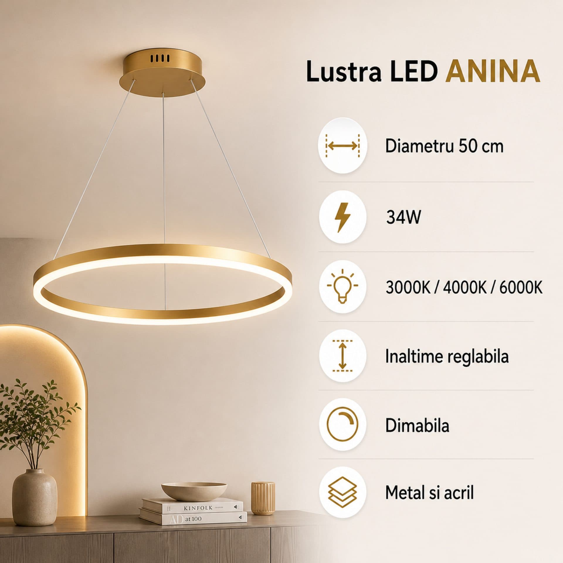 Lustra LED Suspendata Flippy ANINA 34W Diametru 50cm Auriu Lucios Alb — imagine 4