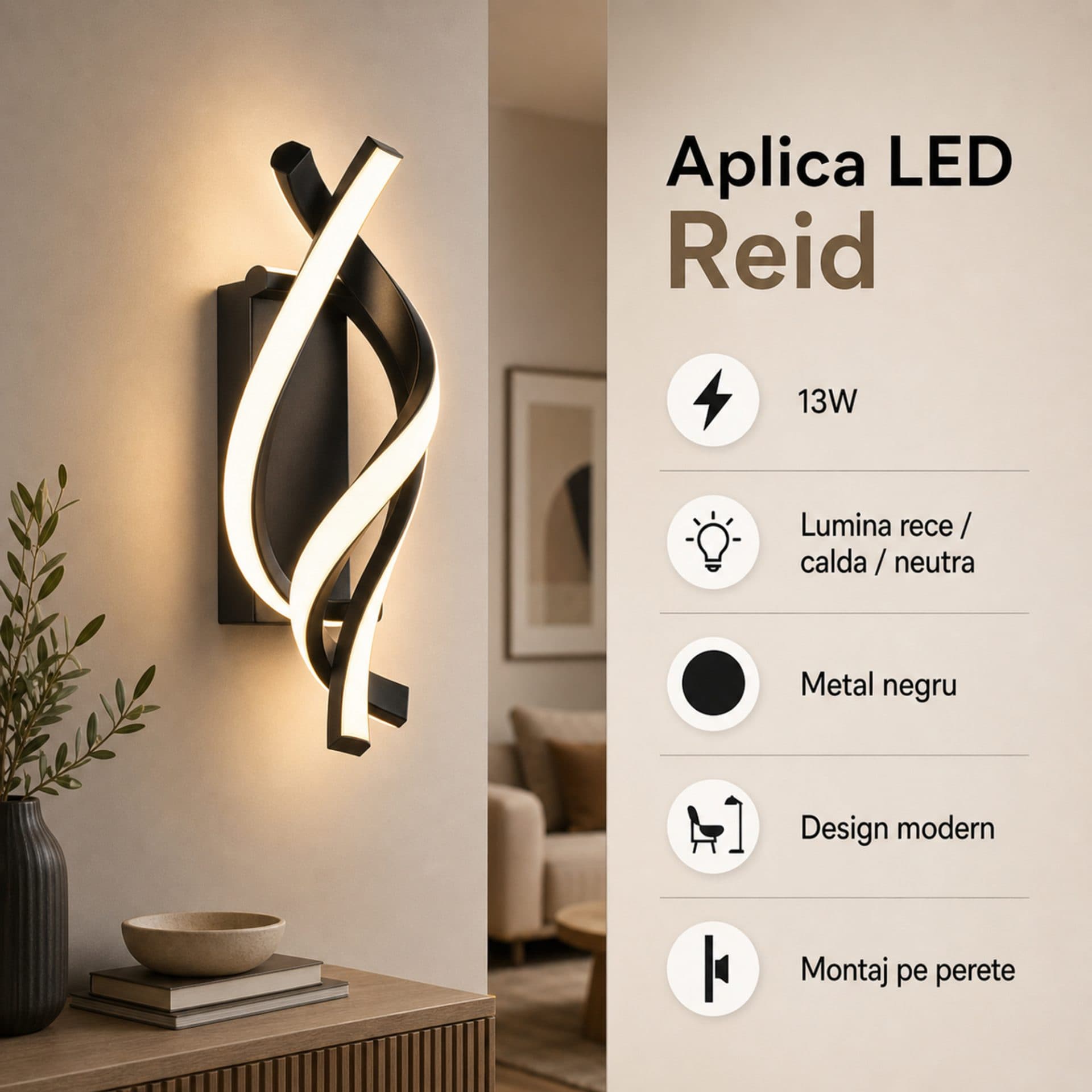 Aplica LED Flippy Reid 13W, Lumina Rece/Calda/Neutra, Negru — imagine 16