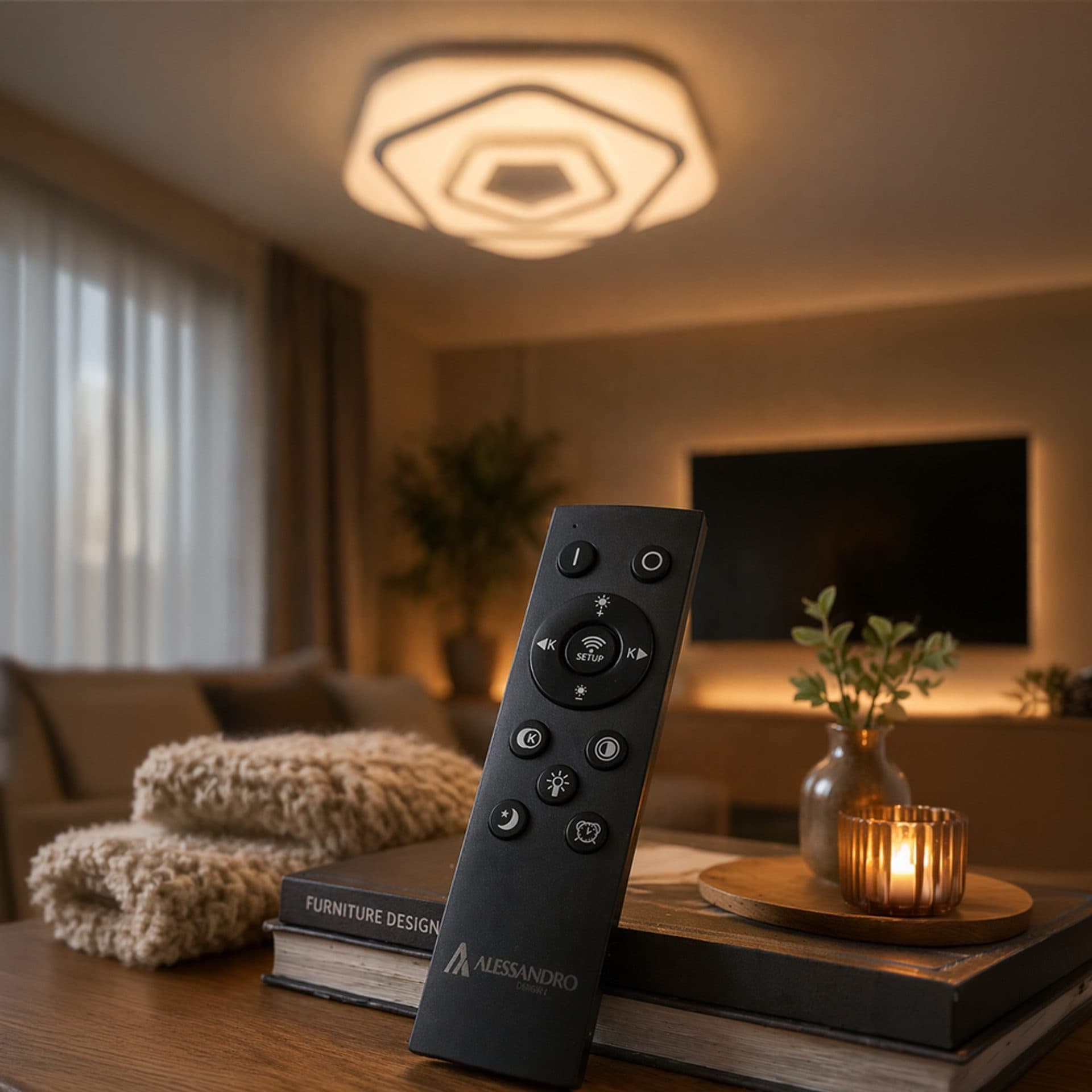 Lustra LED Flippy Pentagonal 59W 40cm Control Telecomanda 3000K 4000K 6000K Alb Metal Acril — imagine 3