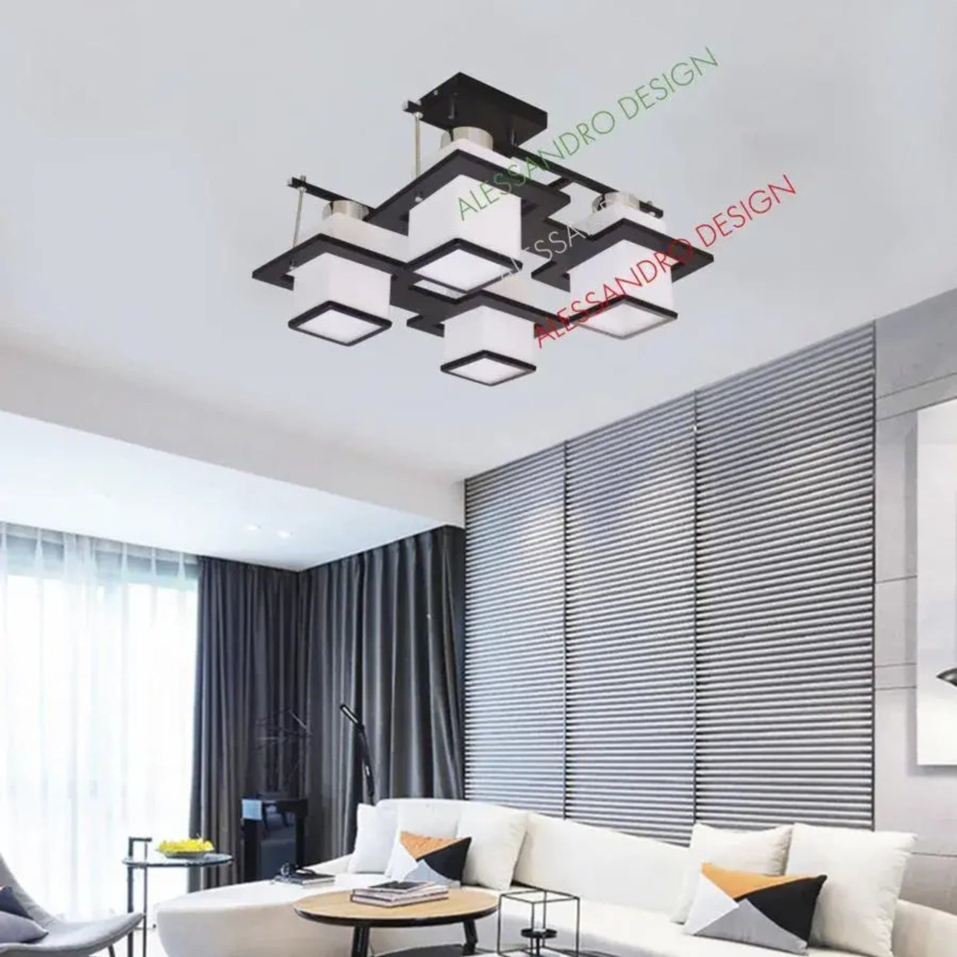 Lustra Flippy Clasica Aramis cu lemn, Abajur Patrat, 4 X Dulie E27, Alb / Negru — imagine 3