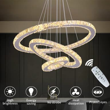 Lustra LED suspendata Flippy cu telecomanda si cristal CAYDEN 200W, 3 Cercuri, lumina Rece/Calda/Neutra, Dimabila, Crom Lucios, Inaltime Reglabila
