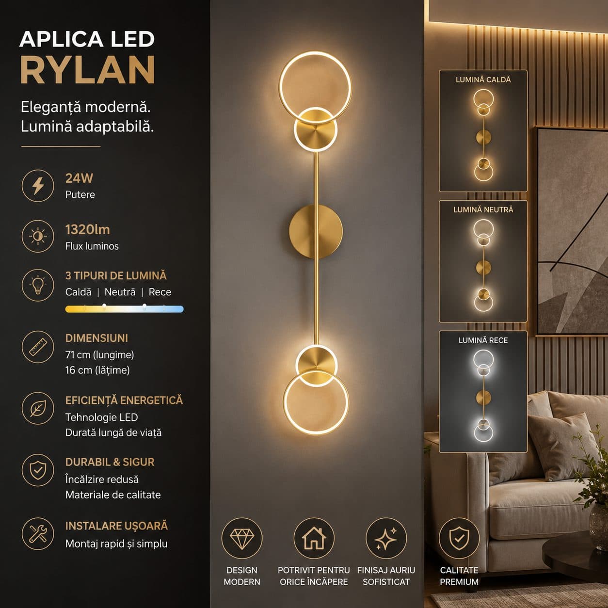 Aplica LED Flippy Rylan 24W Auriu — imagine 2