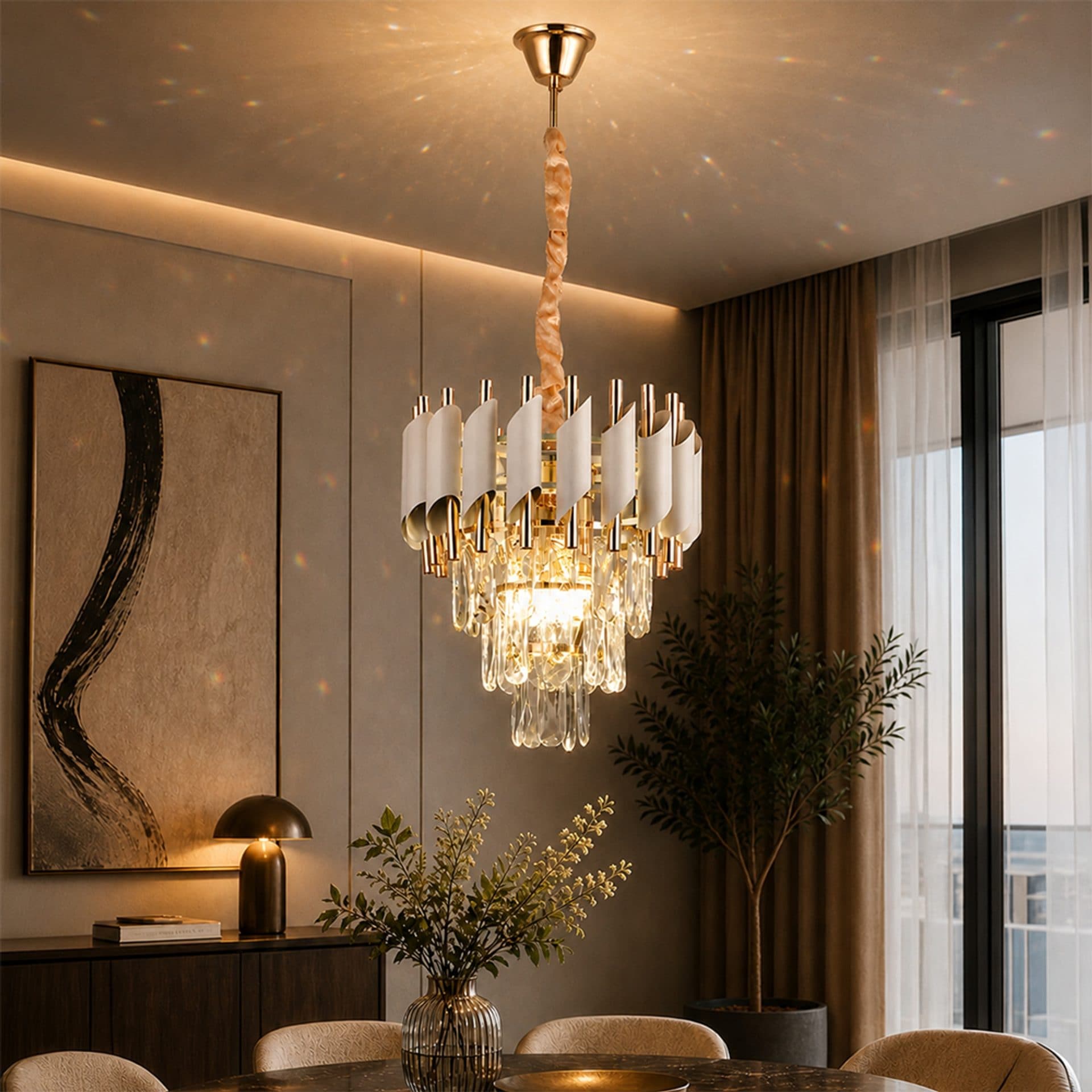 Candelabru Flippy Cristal VERSAILLES Petito 3xE14, Diametru 30cm, Auriu Lucios si Alb, Inaltime Reglabila, Metal si Cristal — imagine 2