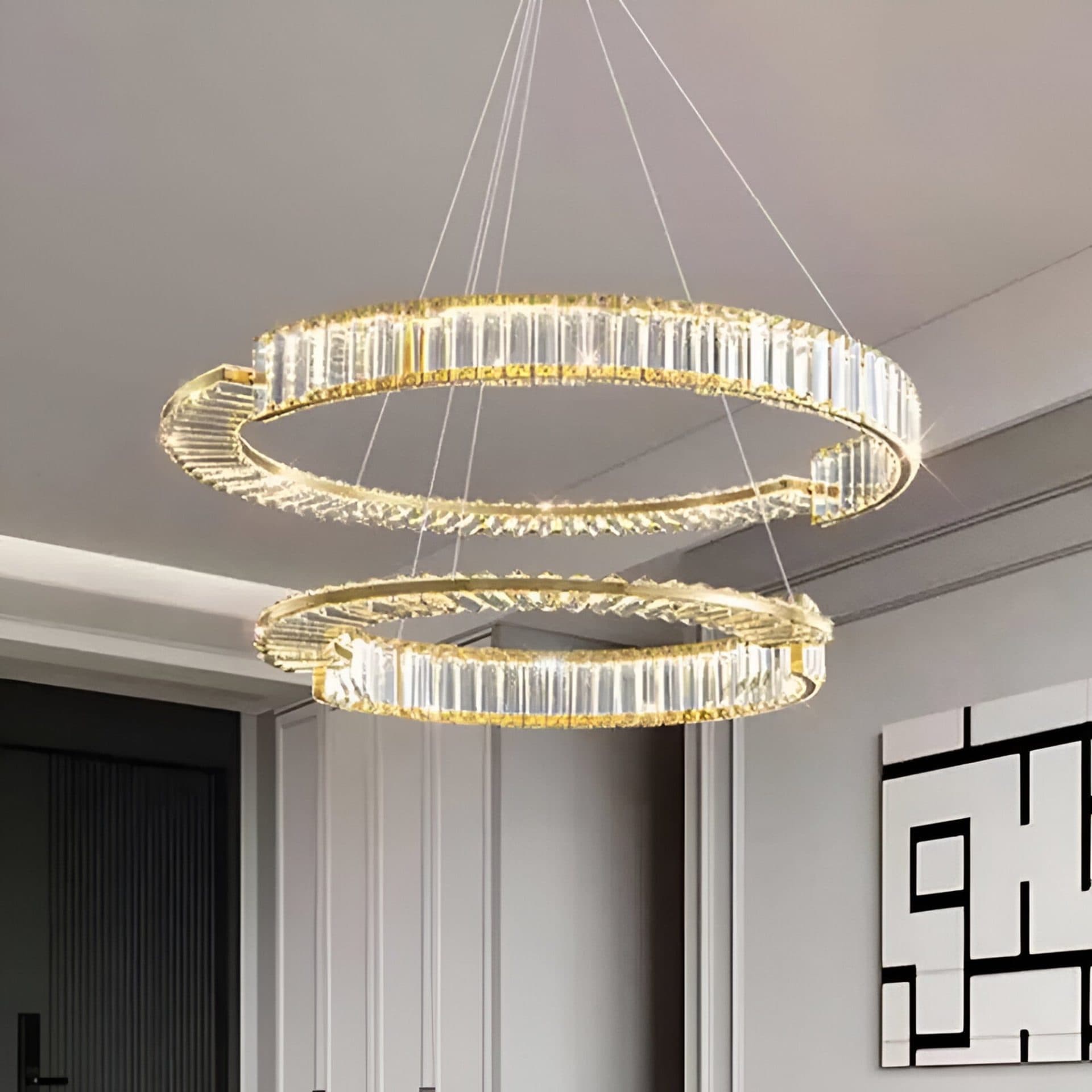 Lustra LED suspendata cu cristale PRISM REGAL 81W, 2 Cercuri, Auriu, Inaltime Reglabila — imagine 8