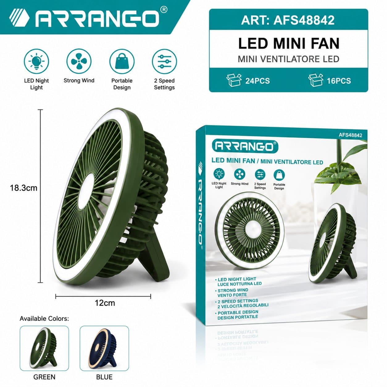 Ventilator de Masa Portabil, Flippy, USB, LED, Verde — imagine 2