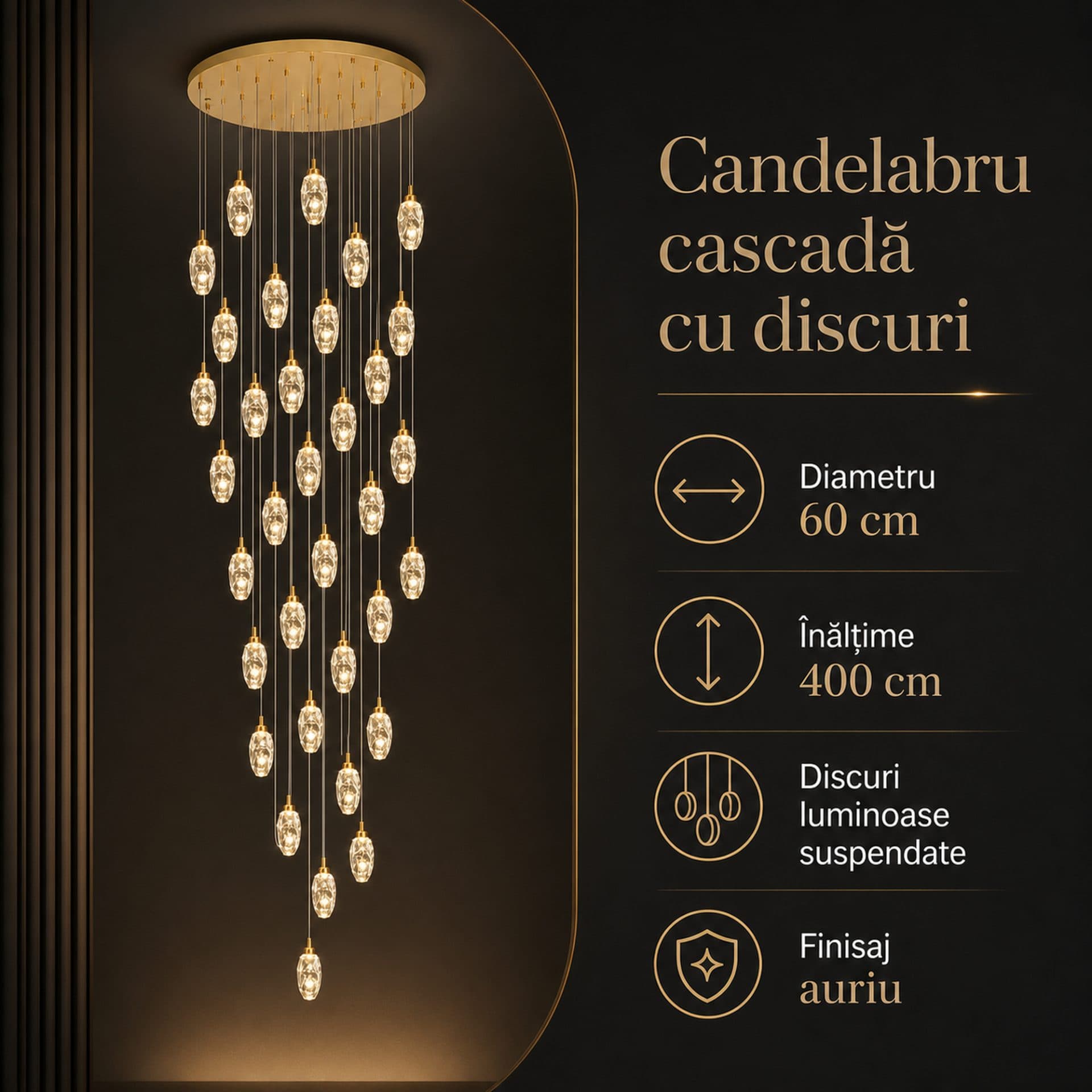 Candelabru LED Flippy Cristal Suspendat 30 Surse 90W Auriu — imagine 12