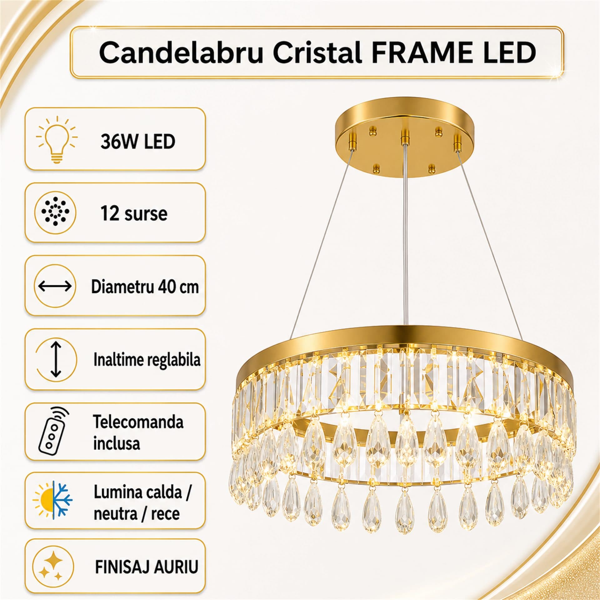 Candelabru Flippy Cristal LED Suspendat 36W 40cm — imagine 4