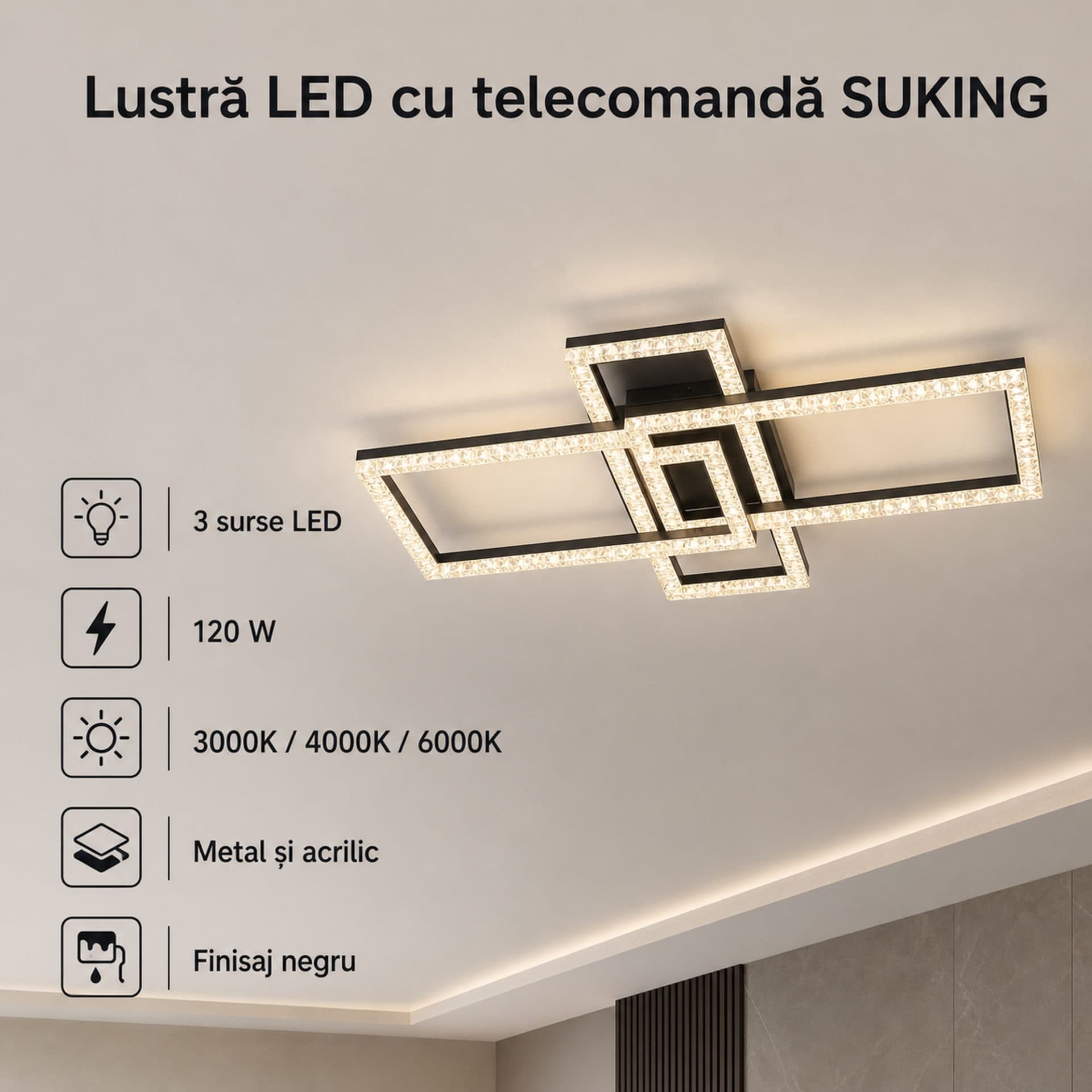 Lustra LED Flippy cu telecomanda, 3 surse, 120W, Negru — imagine 4