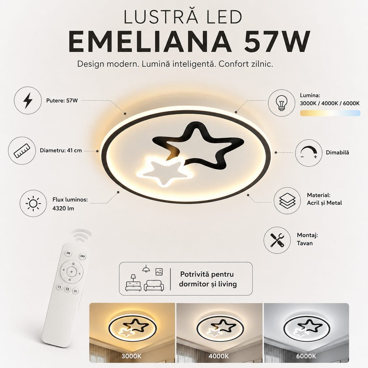 Lustra LED Moderna Flippy EMELIANA, 57W, Luna si Stea — imagine 4