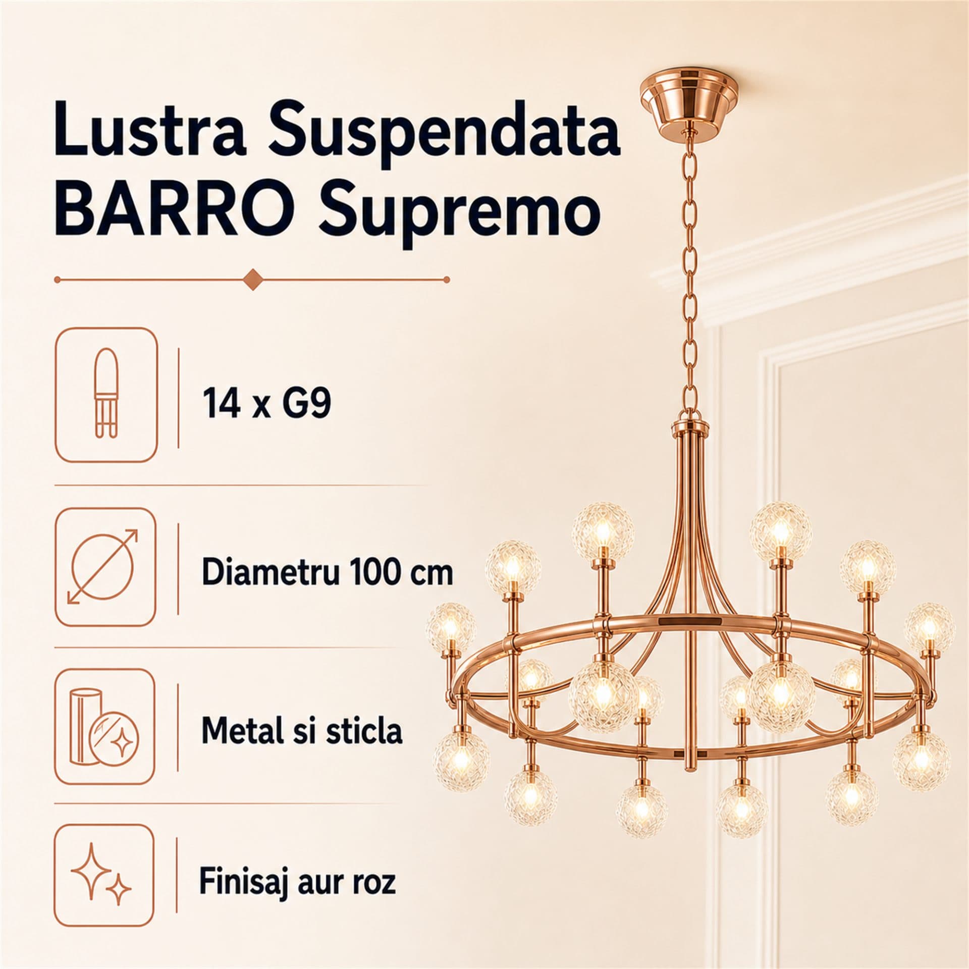 Lustra Suspendata Flippy BARRO Supremo D100cm 14x G9 Aur Roz Metal si Sticla — imagine 5