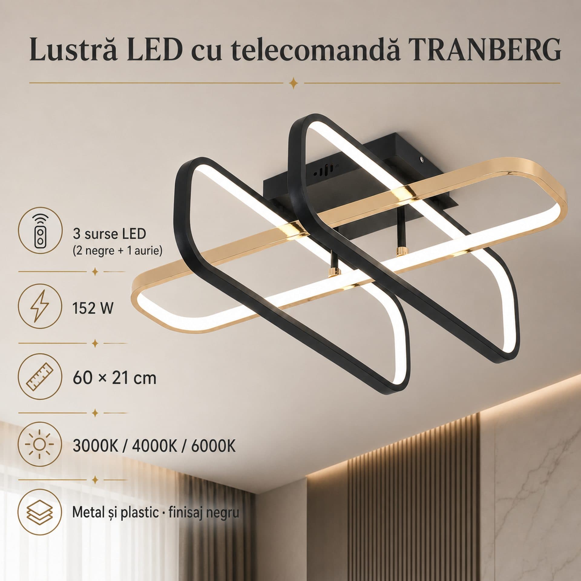 Lustra LED Flippy cu telecomanda, 3 surse, 152W, Negru — imagine 4