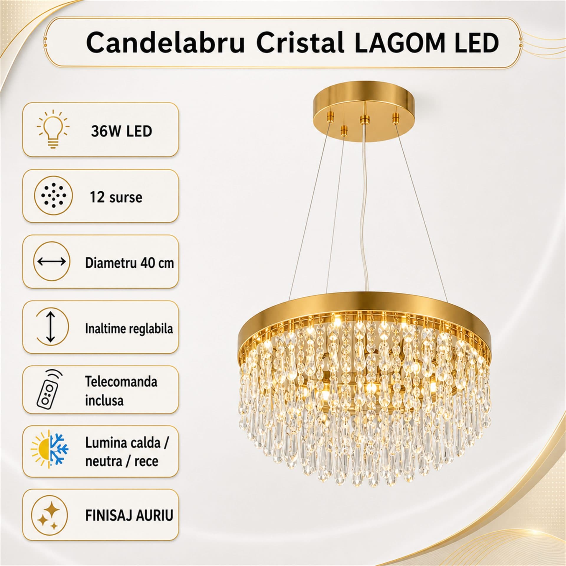 Candelabru Flippy Cristal LED cu Telecomanda, Suspendat, 36W, Diametru 40cm — imagine 3