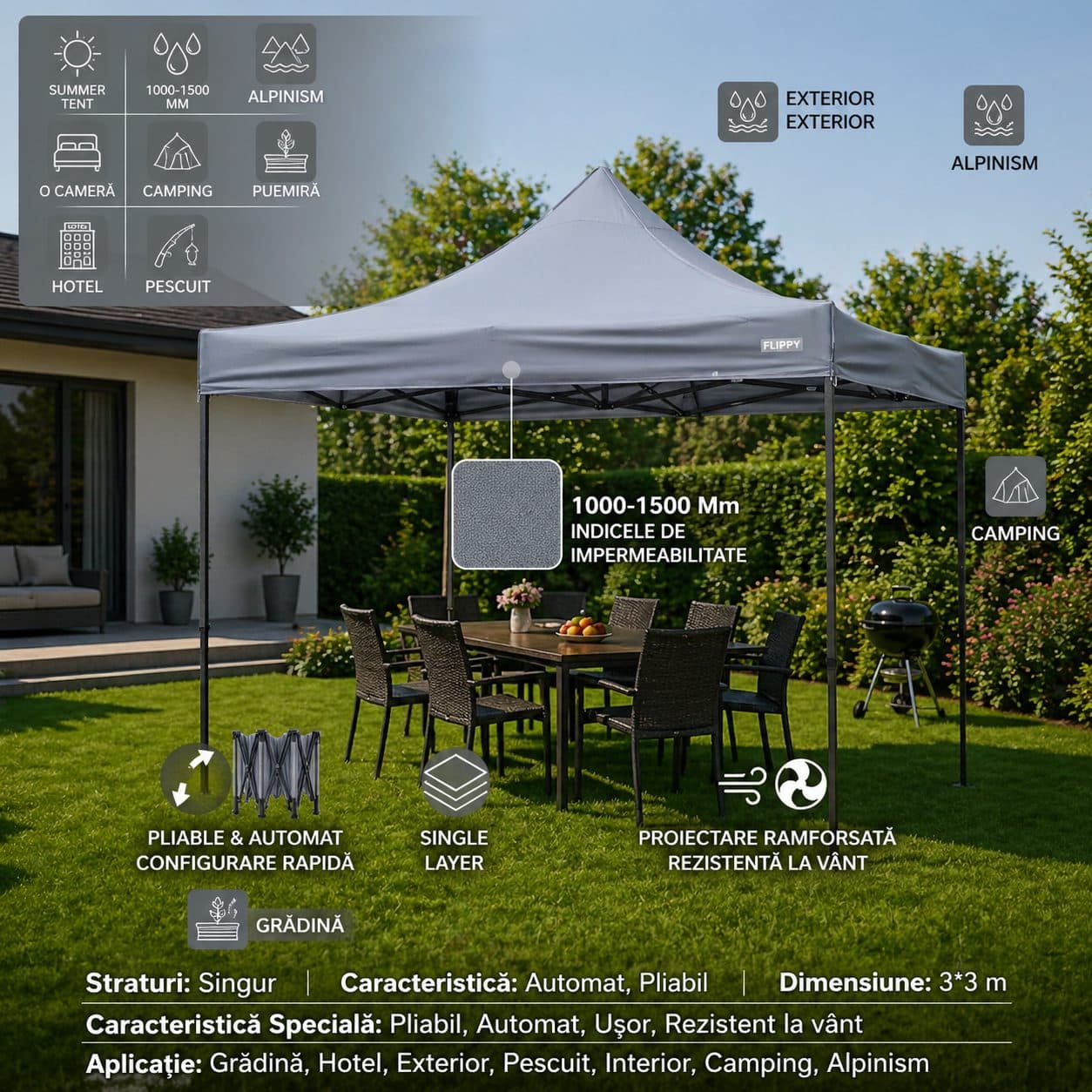 Pavilion pliabil Flippy 3x3m gri — imagine 4