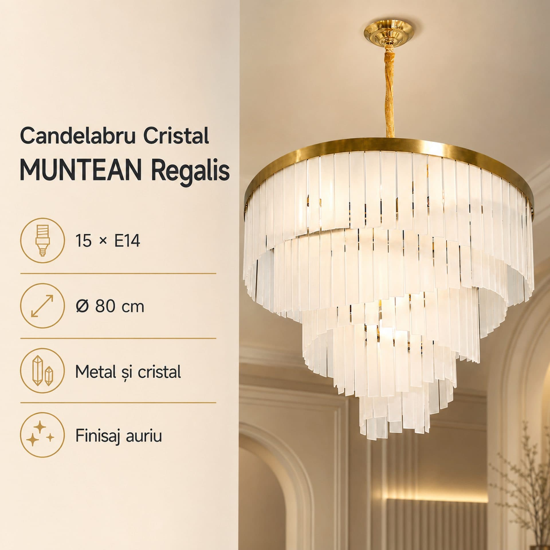 Candelabru cristal Flippy MUNTEAN Regalis, 15xE14, 80 cm, auriu — imagine 4
